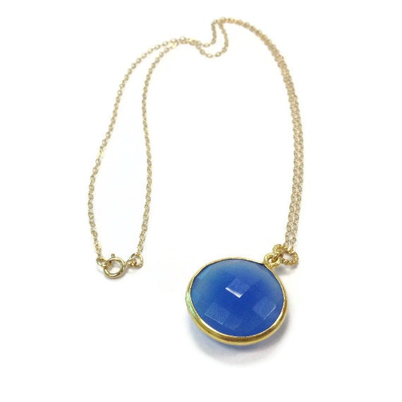 Blue Chalcedony Necklace - 24k Gold Vermeil Pendant, 14k Gold Filled Chain