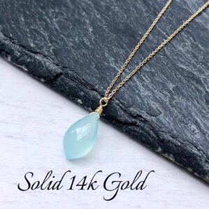 Blue Chalcedony Necklace, Aqua Teardrop Pendant, Solid 14k Gold Jewelry, Sea Foam Drop Summer Necklace, Layering Minimalist Jewelry Mom Gift