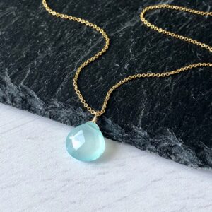 Blue Chalcedony Necklace, Aqua Teardrop Pendant, Minimalist Layering Necklace, Aqua Drop Pendant in Gold or Silver chain, Blue Gift for her
