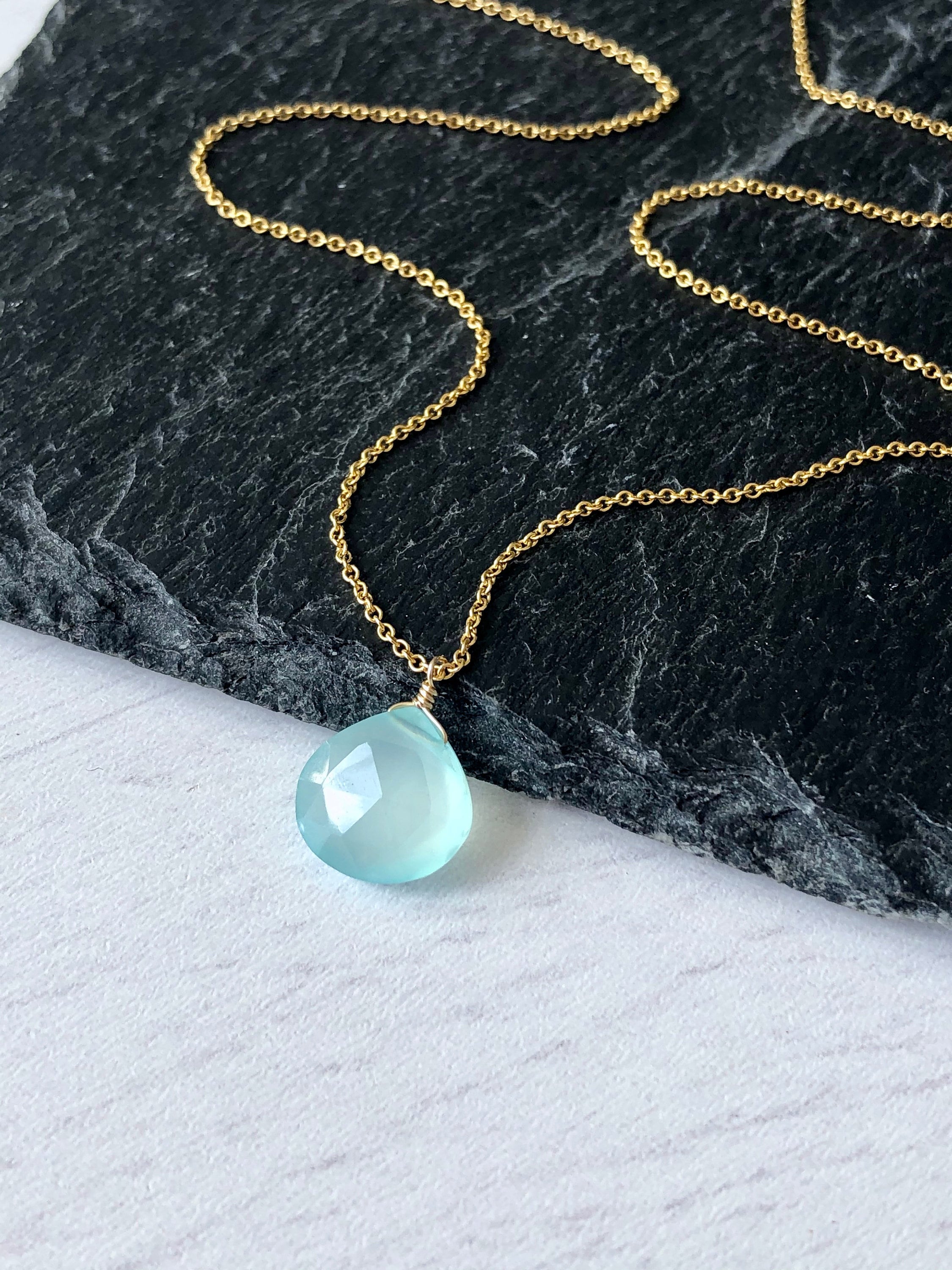 Blue Chalcedony Necklace, Aqua Teardrop Pendant, Minimalist Layering Necklace, Aqua Drop Pendant In Gold Or Silver Chain, Blue Gift For Her