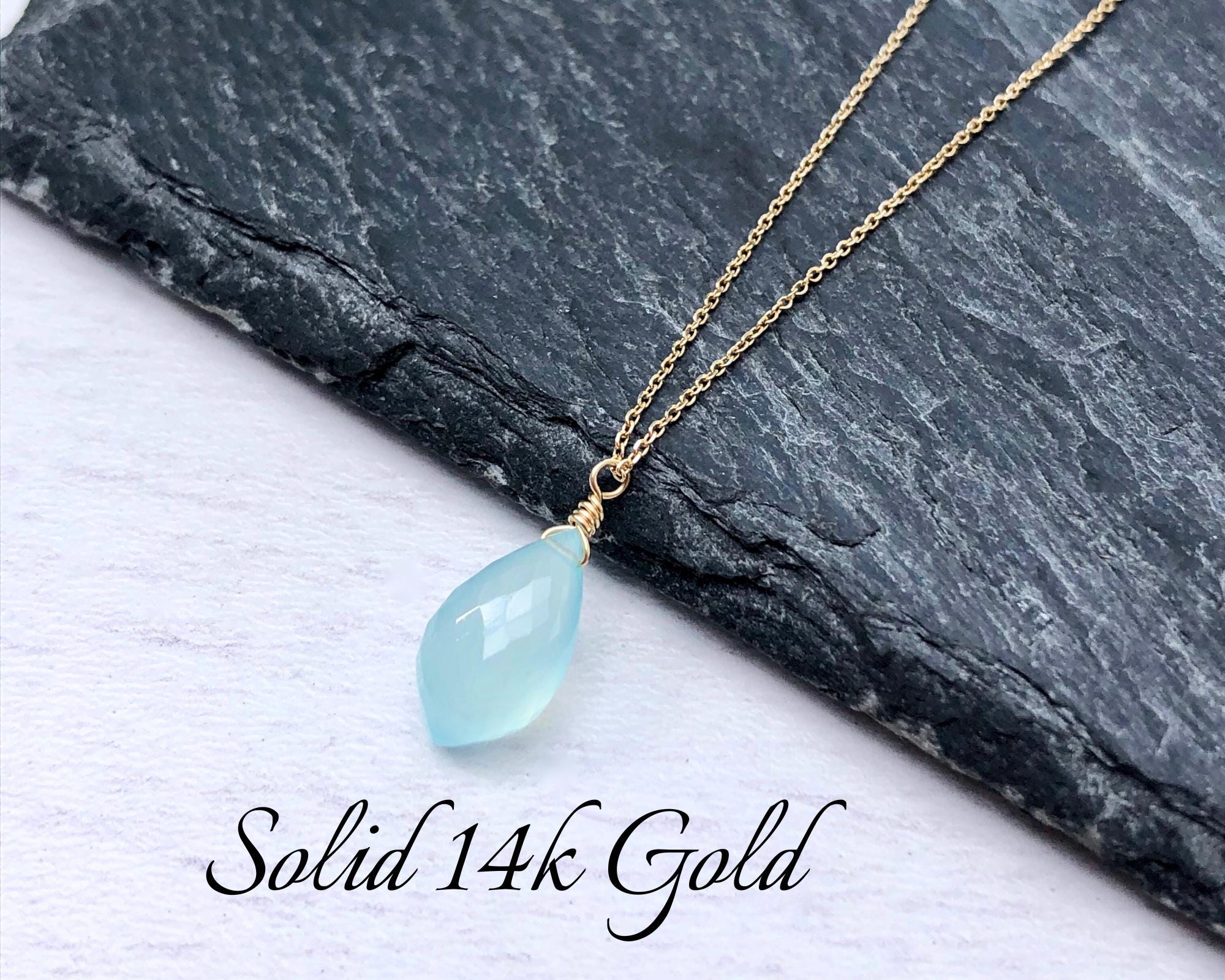 Blue Chalcedony Necklace, Aqua Teardrop Pendant, Solid 14k Gold Jewelry, Sea Foam Drop Summer Necklace, Layering Minimalist Jewelry Mom Gift