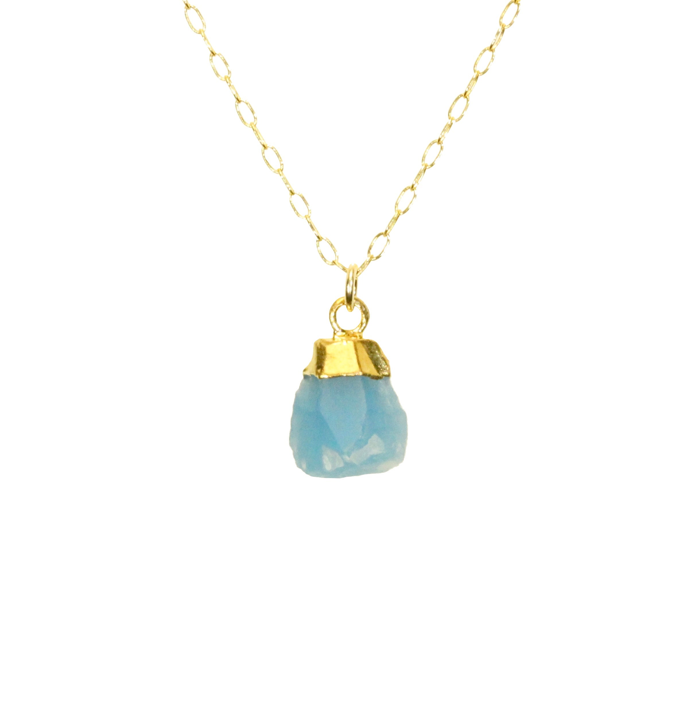 Raw Crystal Nugget Necklace, Blue Chalcedony Pendant, Thin 14k Gold Filled Chain