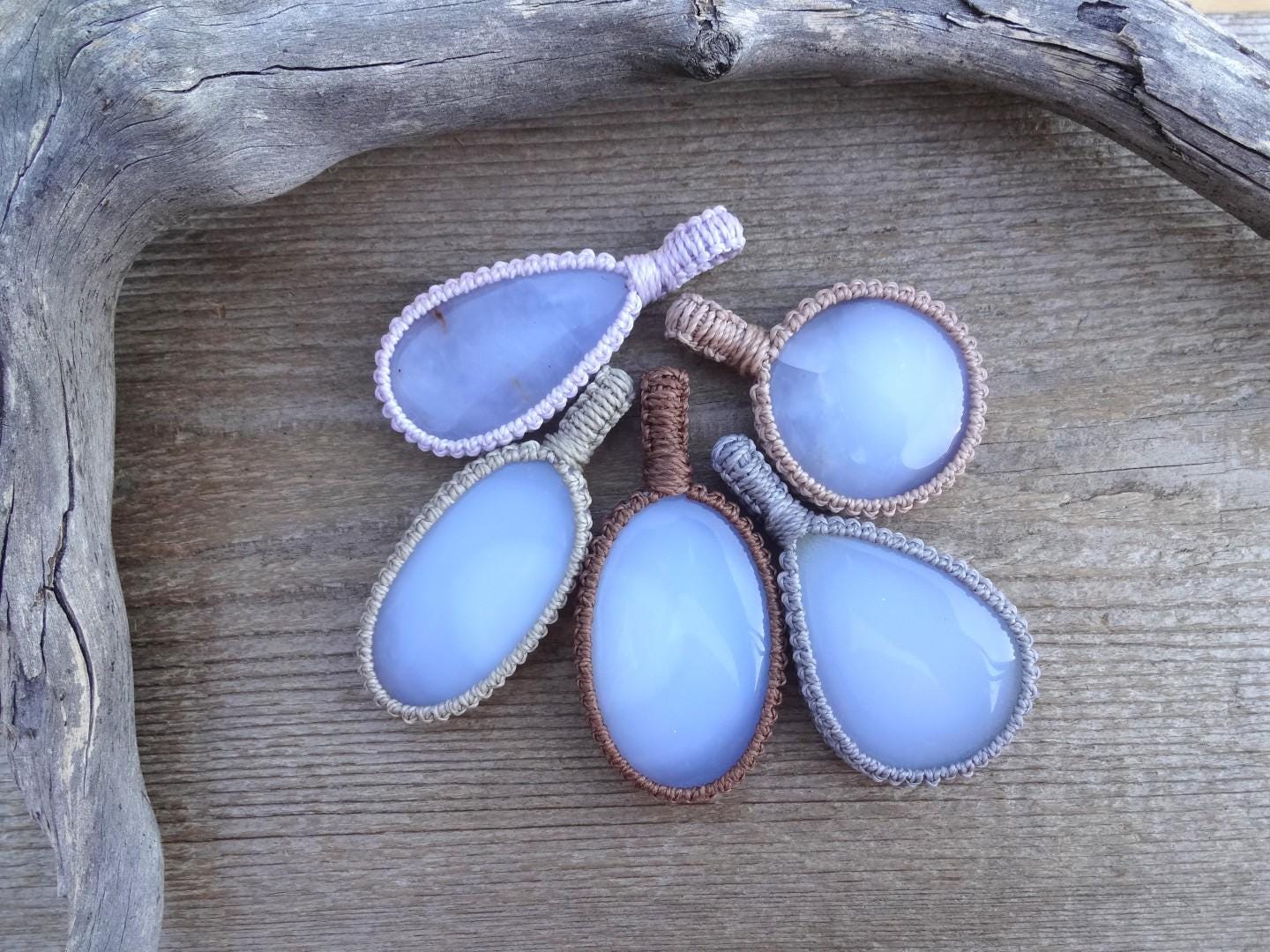 Blue Chalcedony Necklace, Blue Stone Macrame Pendant, Chalcedony Pendant Necklace, Stress Relief Stone Necklace, Macrame Necklace For Women