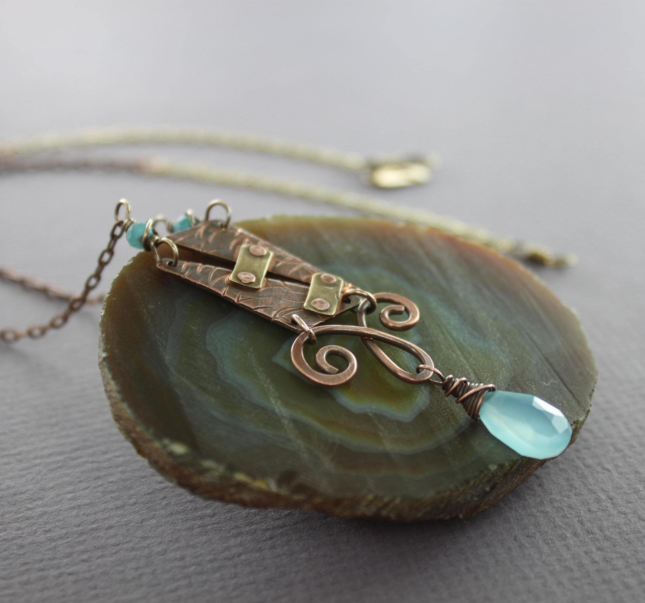 Ooak Mixed Metal Necklace: Blue Chalcedony Gemstone Pendant