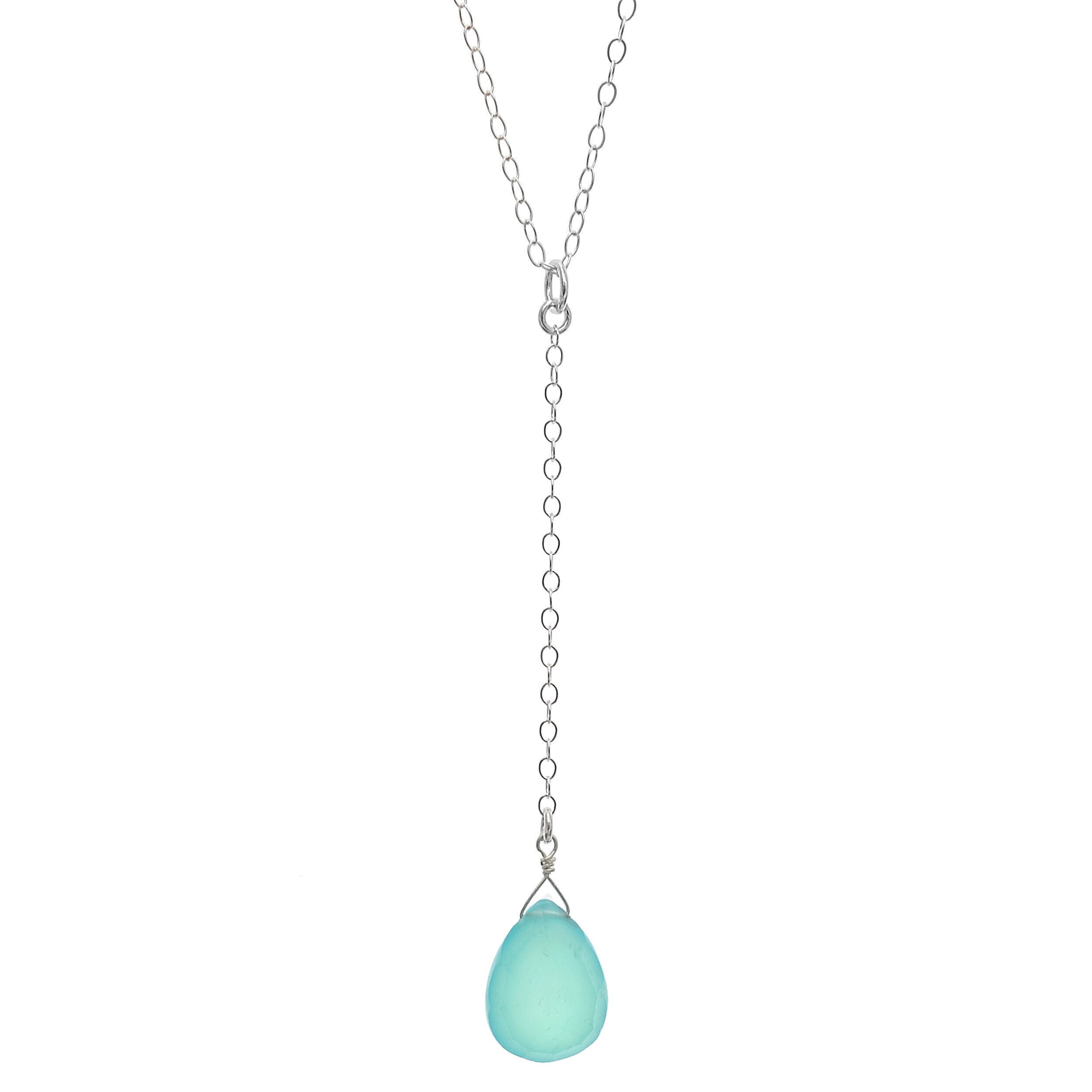 Blue Chalcedony Silver Y Necklace, Aqua Blue Gemstones,  Light Blue Silver Jewelry, Dangle Silver Long Pendant,