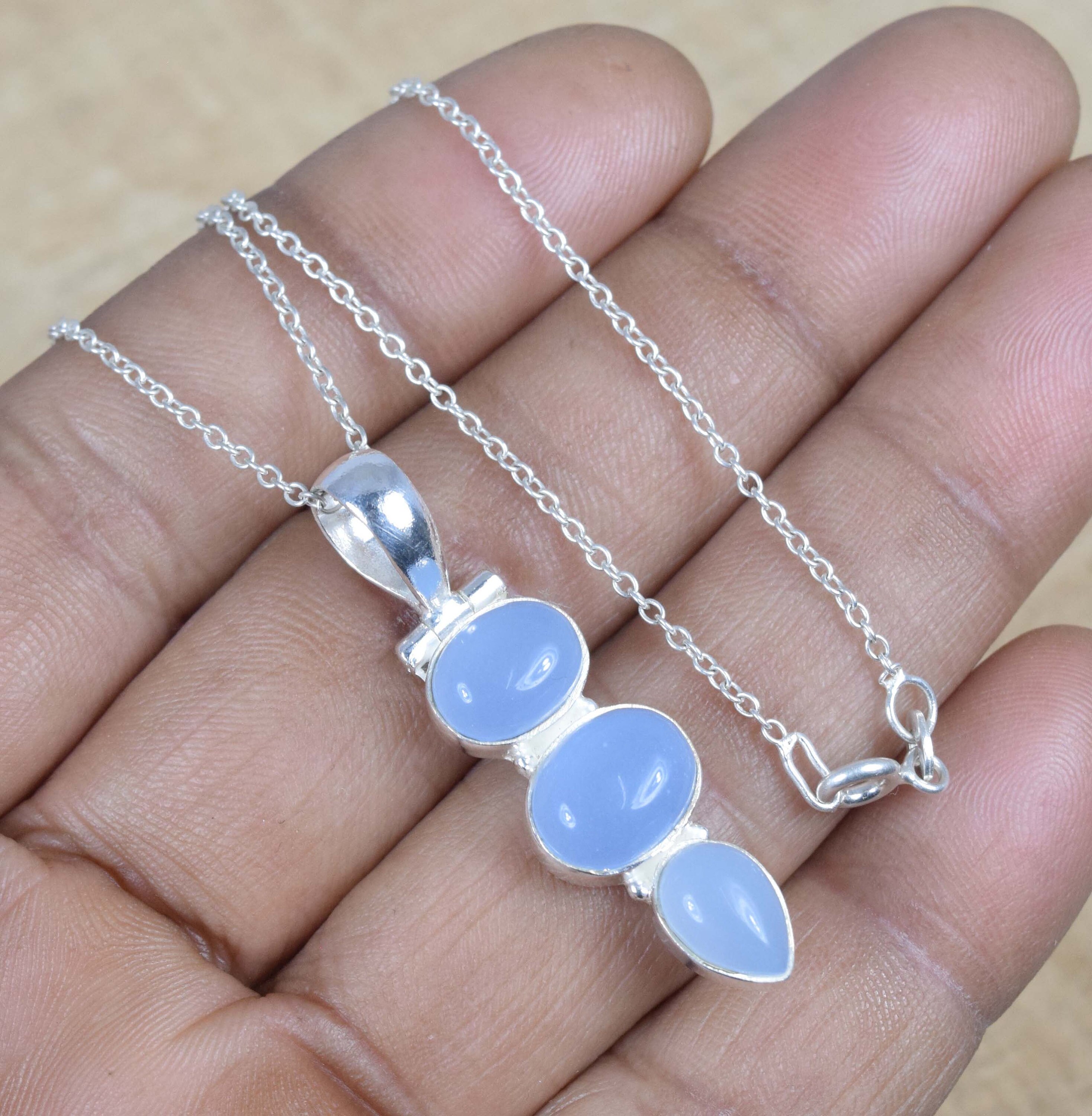 Blue Chalcedony Sterling Silver Pendant: Handmade Gemstone Jewelry