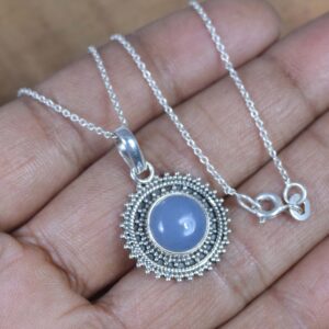 Blue Chalcedony Sterling Silver Pendant, Flower Necklace