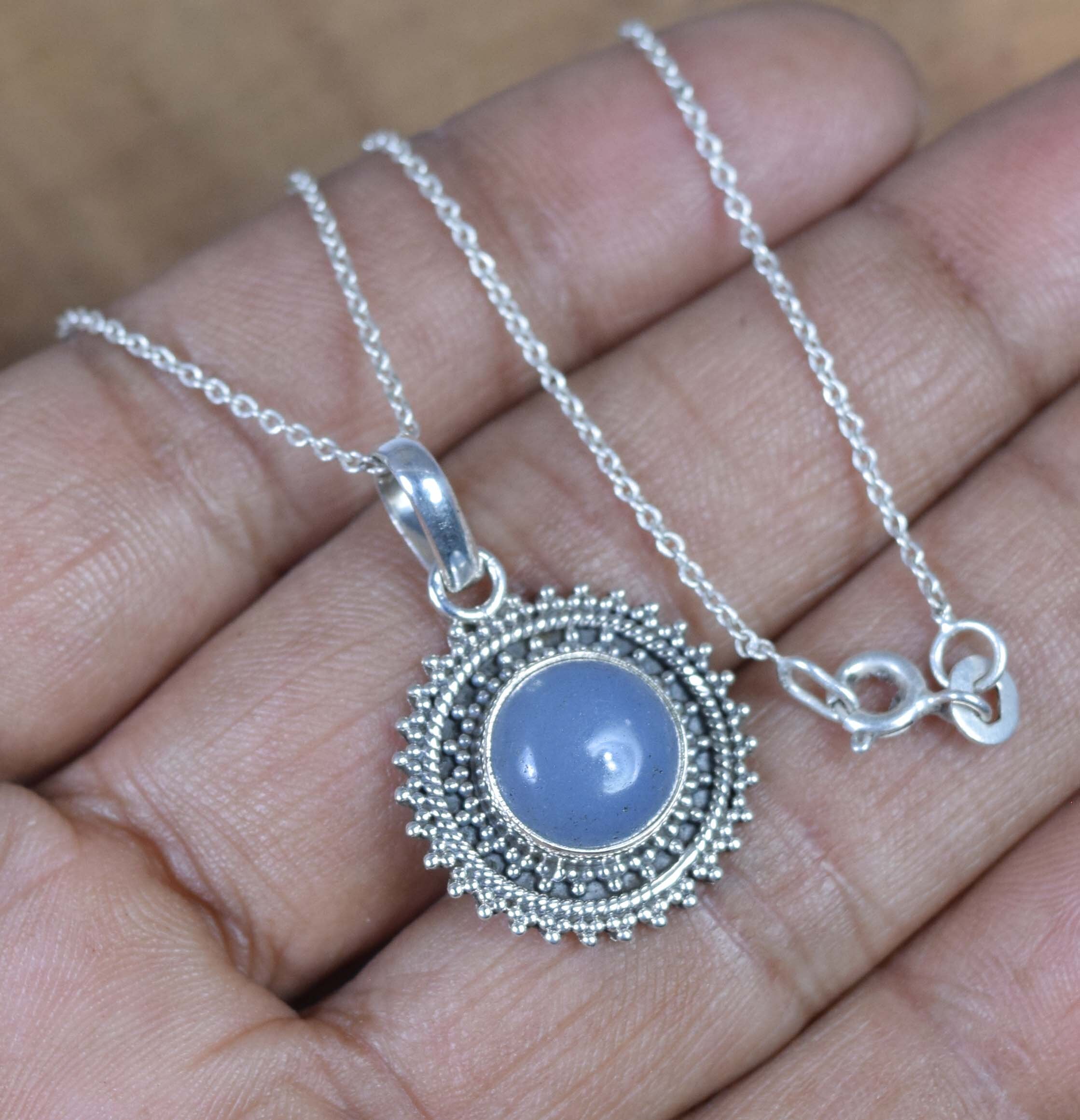 Blue Chalcedony Sterling Silver Pendant, Flower Necklace