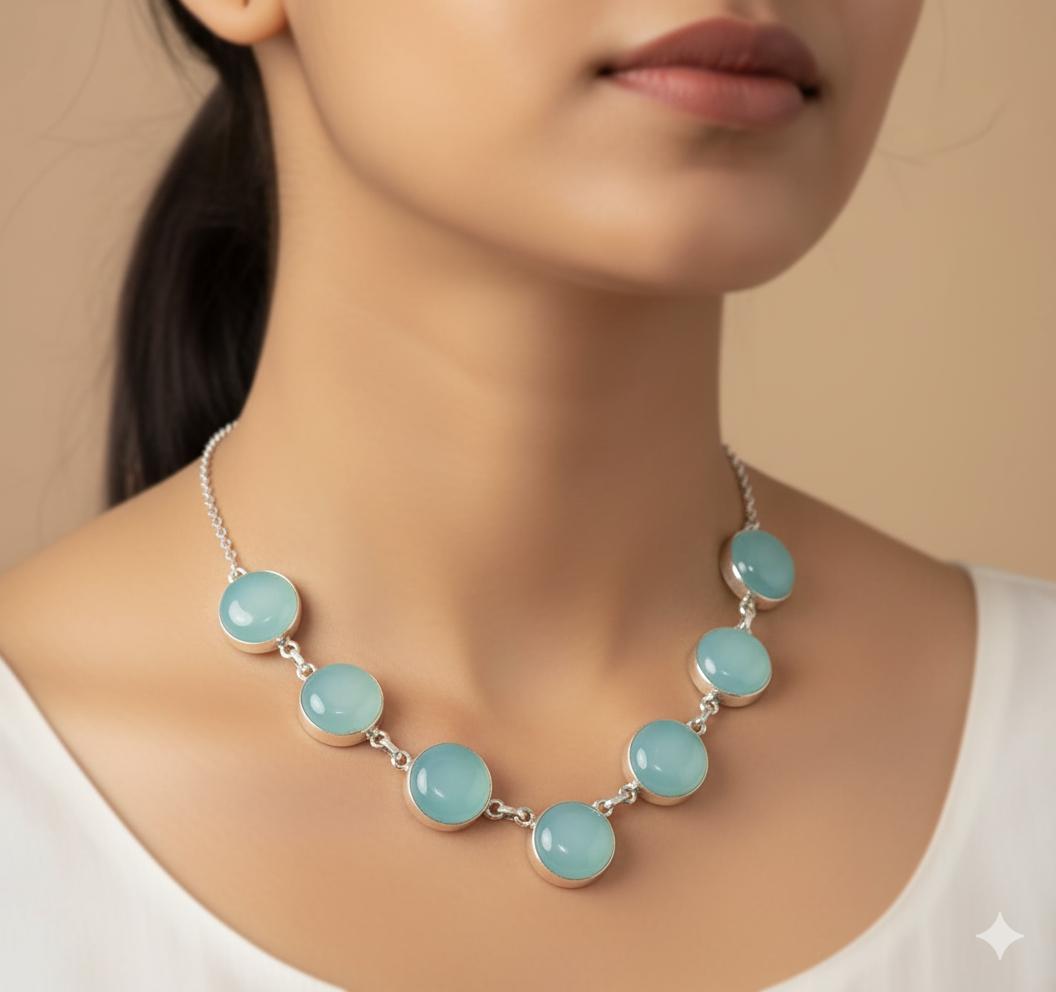 Blue Chalcedony Sterling Silver Necklace: Handmade Boho Pendant Necklace