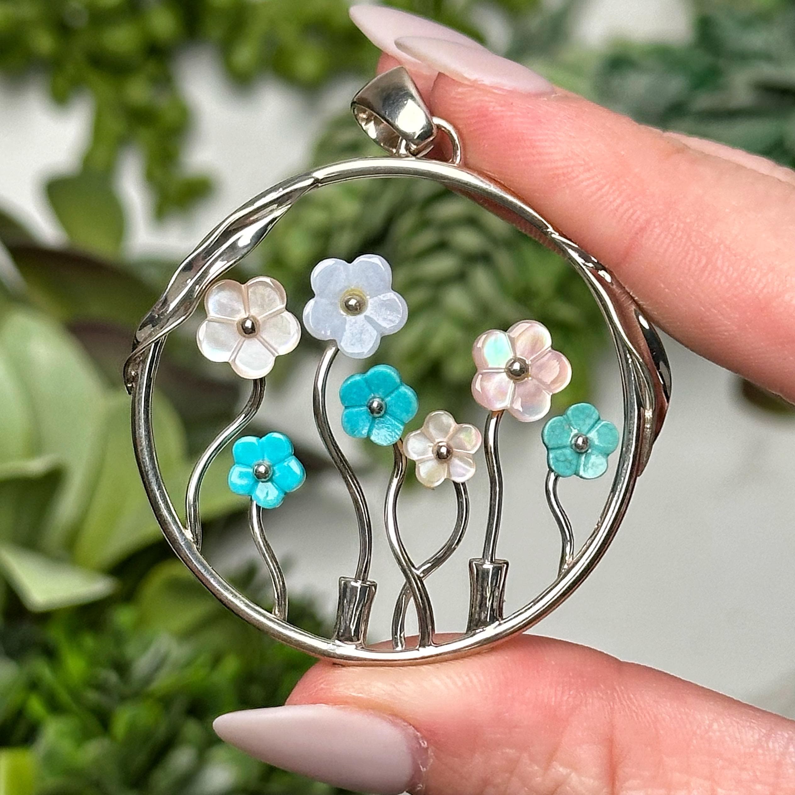 Turquoise, Blue Chalcedony, & Abalone Flower Pendant | 9g | - No. 291 (polished Crystal Necklace, Stone Jewelry)