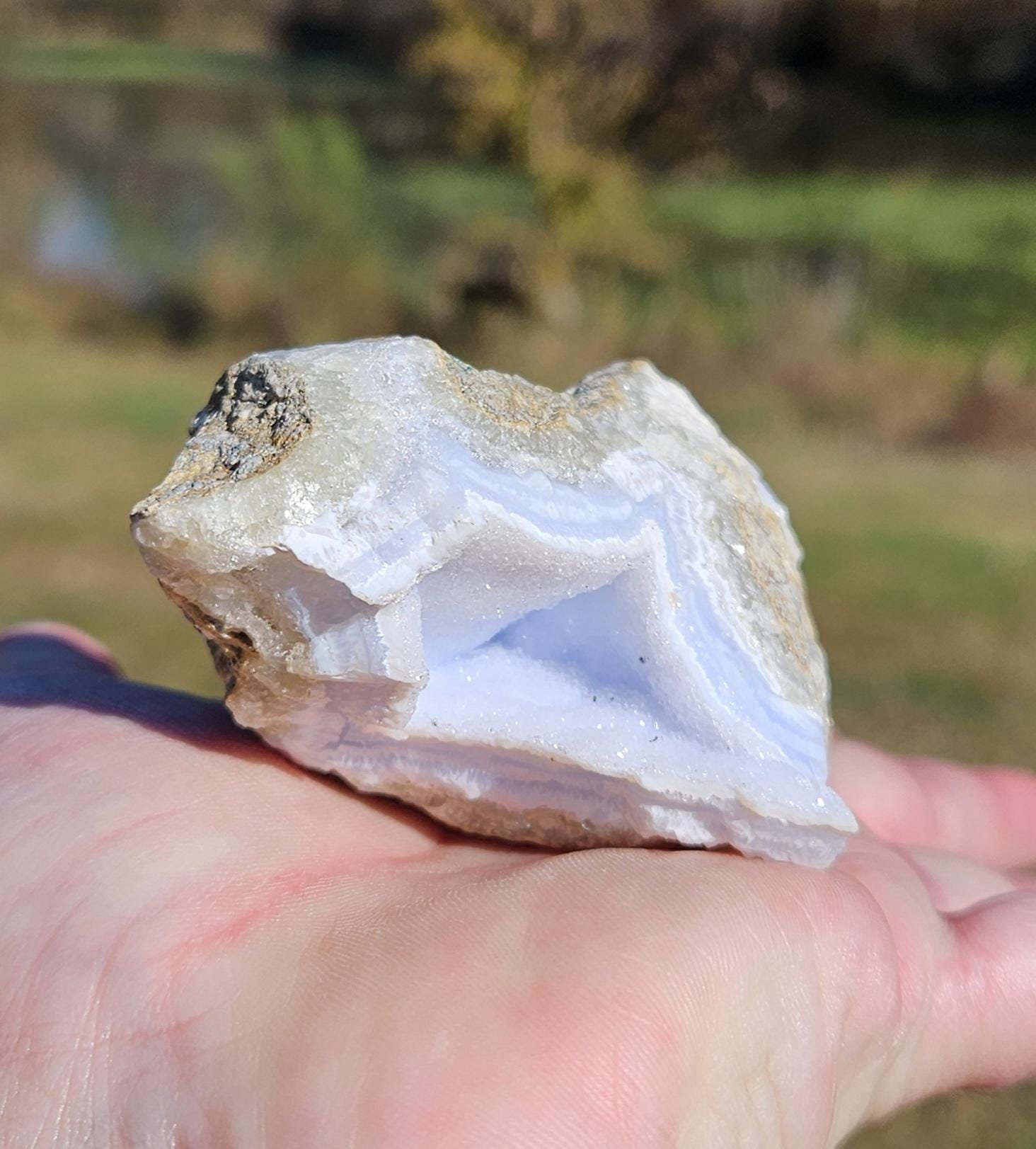 Blue Chalcedony #1 ~ Natural Ice Blue Druzy Chalcedony Geode Crystal ~ 5.3 Ounce ~ 2.8" X 1.5" X 2" ~ Natural Untreated Healing Stone