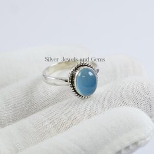 Blue Chalcedony Ring, 925 Sterling Silver Oval Gemstone, Handmade Dainty Ring