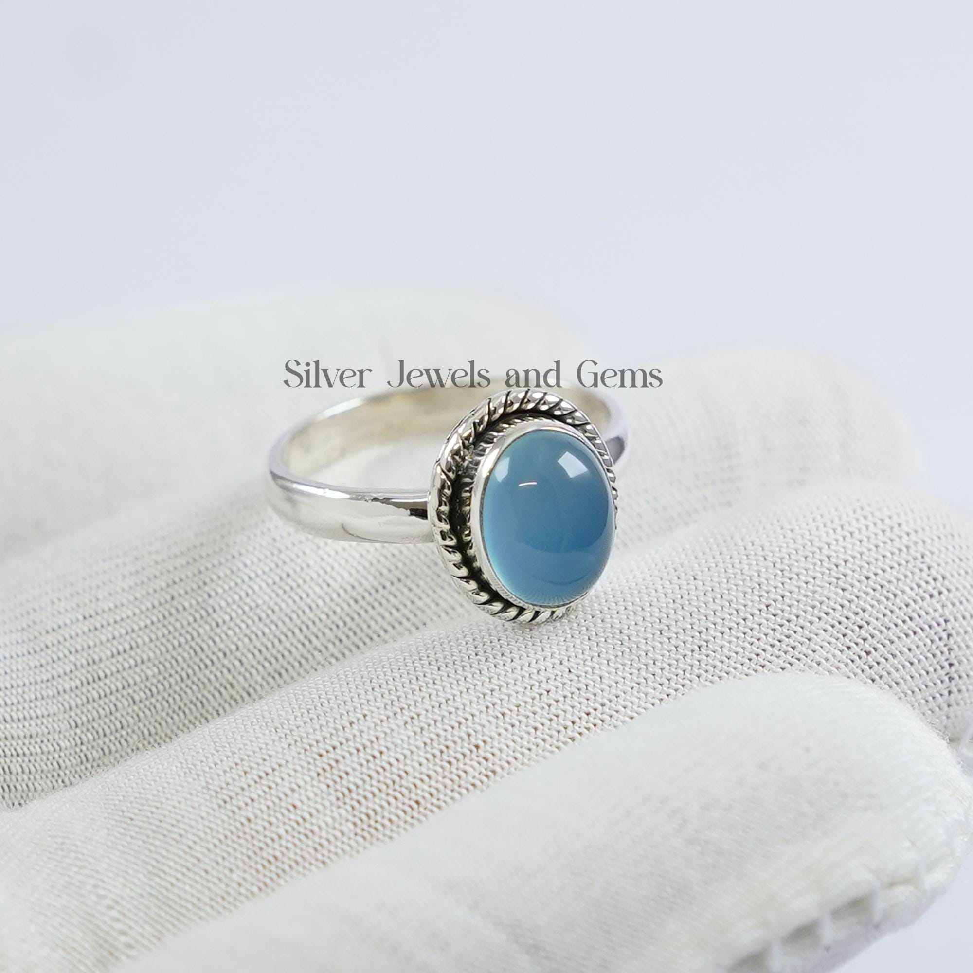 Blue Chalcedony Ring, 925 Sterling Silver Oval Gemstone, Handmade Dainty Ring
