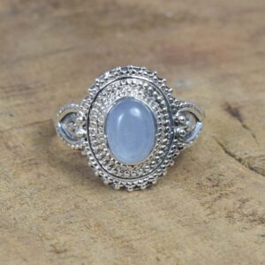 Blue Chalcedony 925 Sterling Silver Ring: Handmade Oval Gemstone Jewelry
