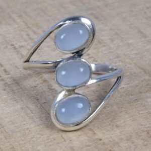 Blue Chalcedony 925 Sterling Silver 3 Stone Ring - Us Size 11