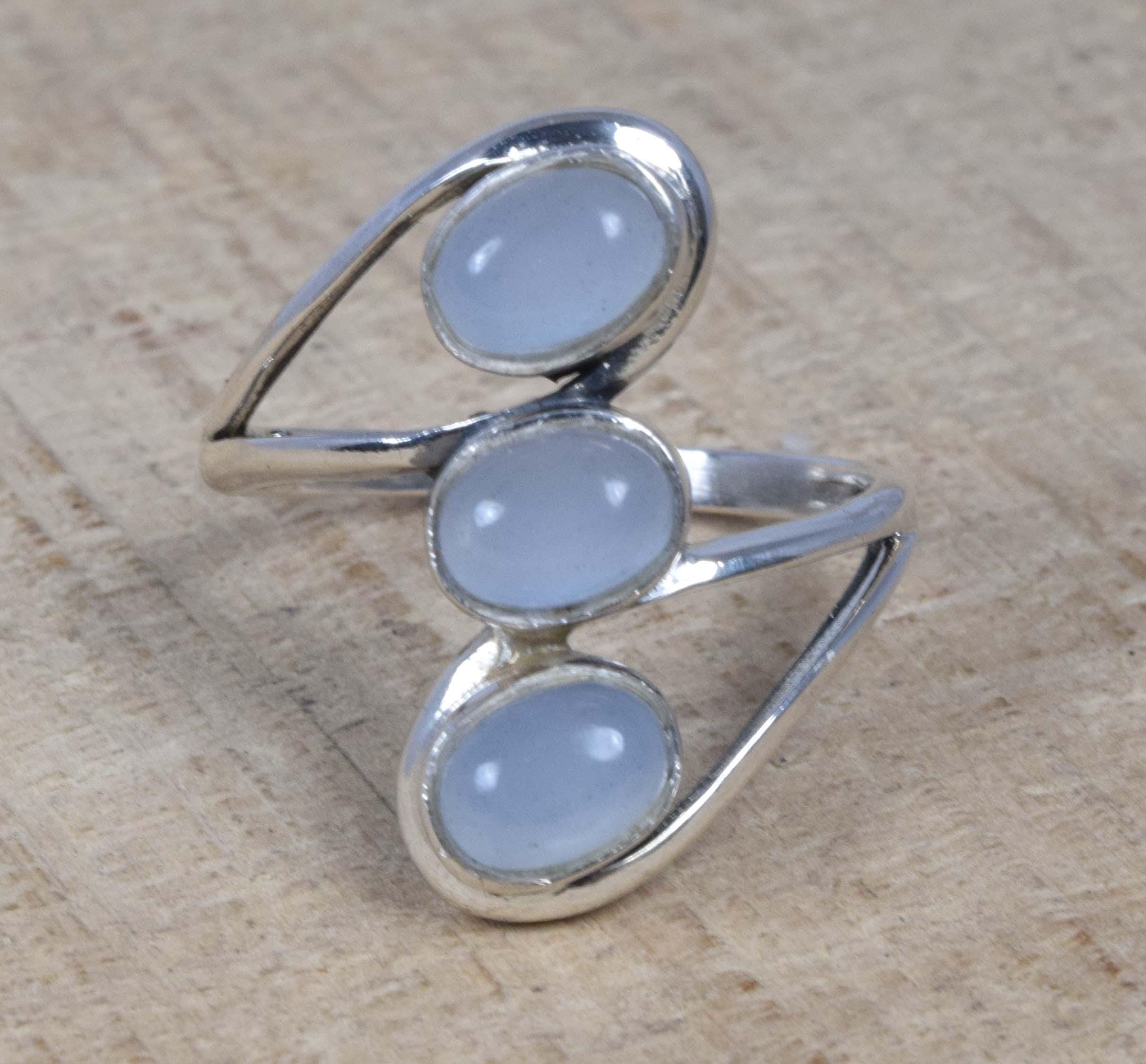 Blue Chalcedony 925 Sterling Silver 3 Stone Ring - Us Size 11