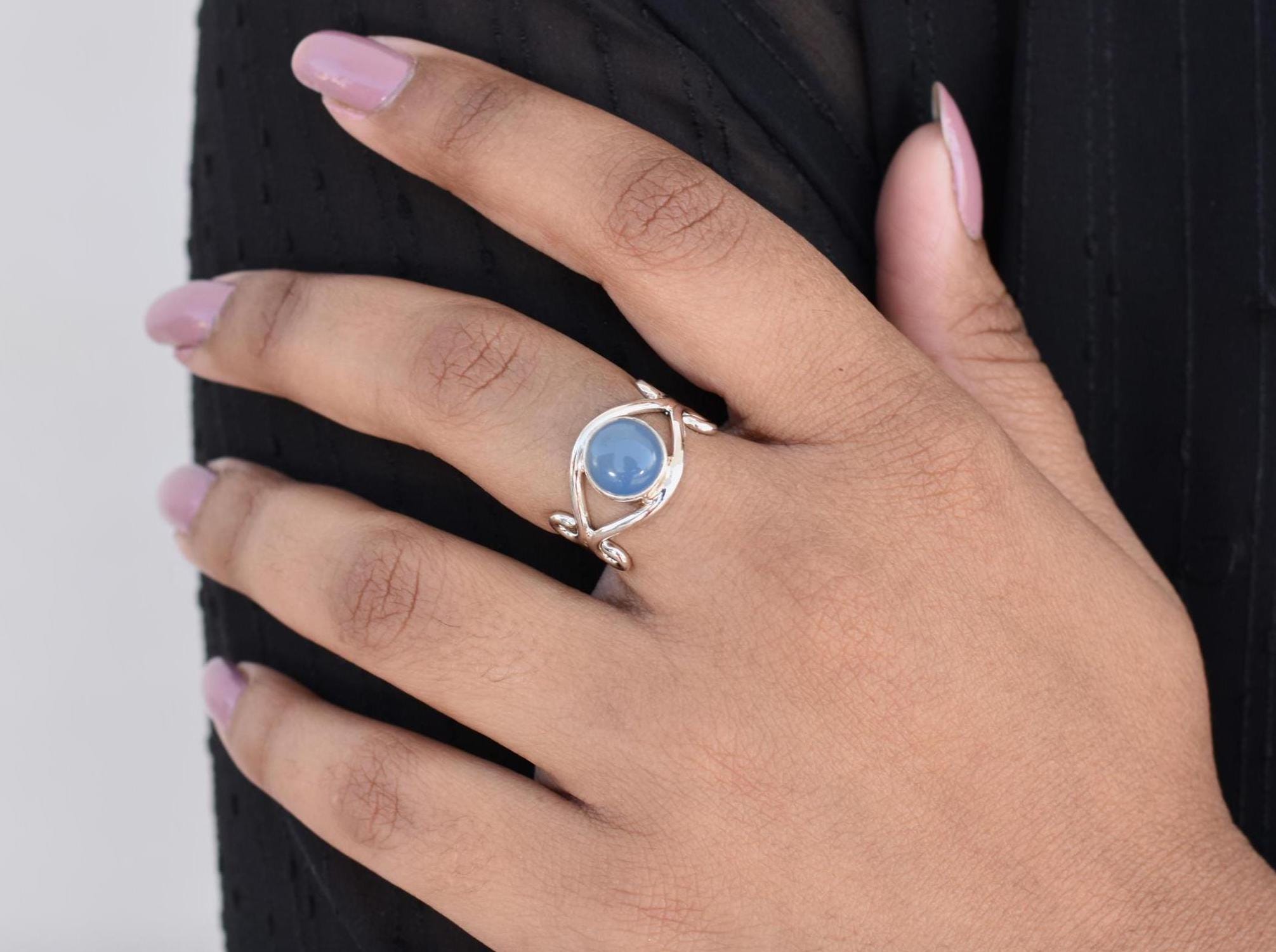 Christmas Blue Chalcedony Silver Ring, Sterling Silver Womens Jewelry, Anniversary Gifts For Wife, Fiancee Gift, New Year Gift, Promise Ring