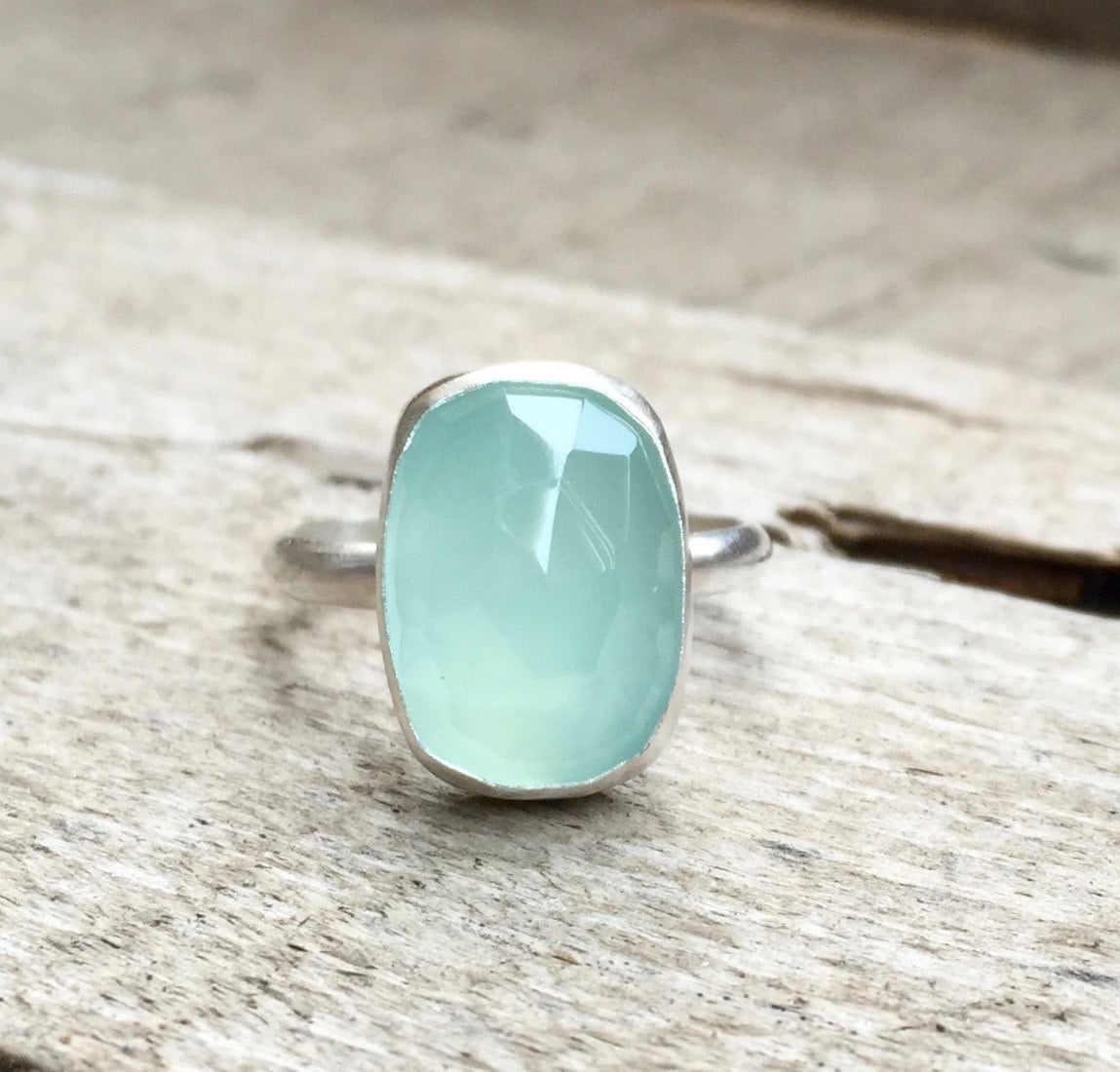 Elegant Rectangle Cushion Cut Aqua Blue Chalcedony Boho Ring Sterling Silver Statement Ring , Faceted Chalcedony Ring , Boho , Rocker , Edgy