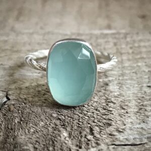 Elegant Rectangle Cushion Cut Aqua Blue Chalcedony Boho Ring Sterling Silver Statement Ring | Faceted Chalcedony Ring | Boho | Rocker | Edgy