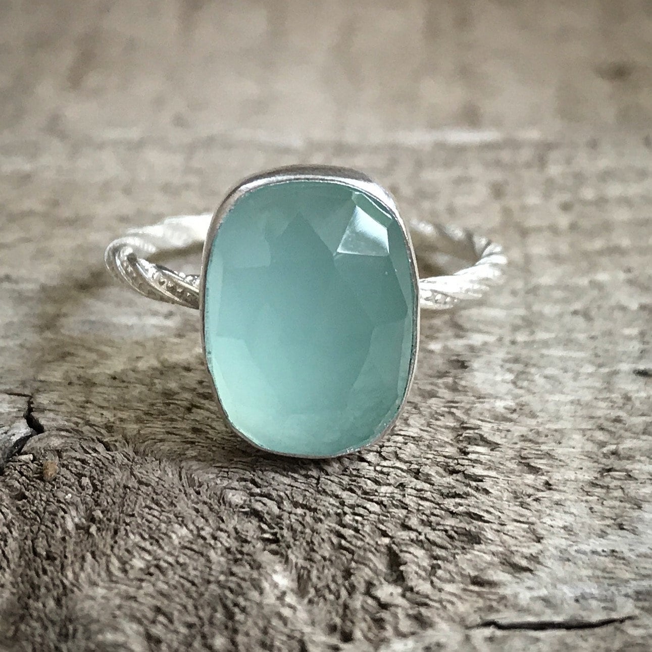 Elegant Rectangle Cushion Cut Aqua Blue Chalcedony Boho Ring Sterling Silver Statement Ring | Faceted Chalcedony Ring | Boho | Rocker | Edgy