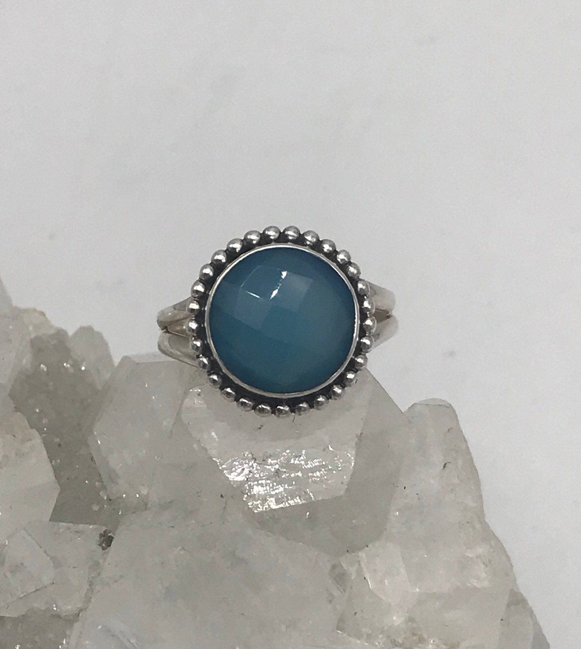 Faceted Blue Chalcedony  Ring, Size 8 1/2