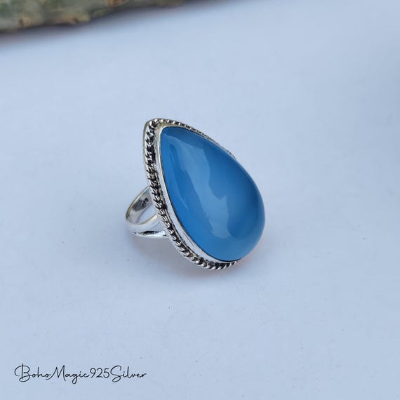 Blue Chalcedony Gemstone Ring / Sterling Silver Handmade Jewelry / Boho Dainty Ring