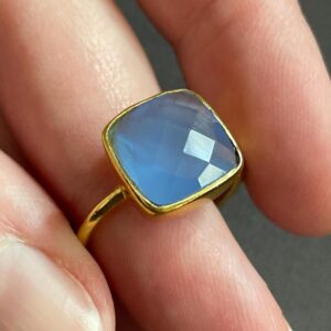Blue Chalcedony Gold Ring, Size 8.75 USA, Faceted Cornflower Blue Natural Chalcedony Gemstone, Handmade with 22k Gold, Perfect Gift!