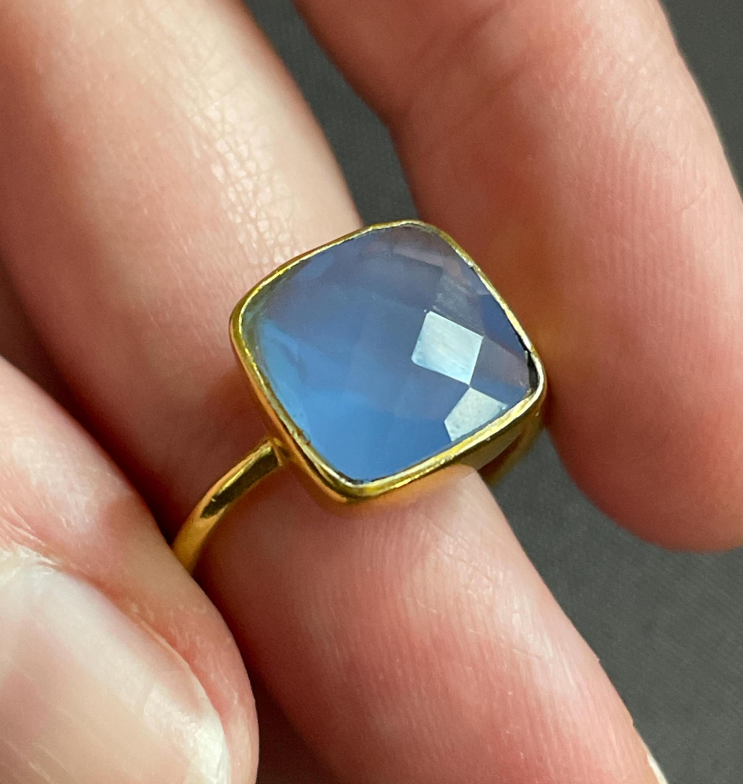 Blue Chalcedony Gold Ring, Size 8.75 Usa, Faceted Cornflower Blue Natural Chalcedony Gemstone, Handmade With 22k Gold, Perfect Gift!