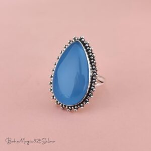 Blue Chalcedony Ring: Handmade 925 Sterling Silver Tear Drop Design