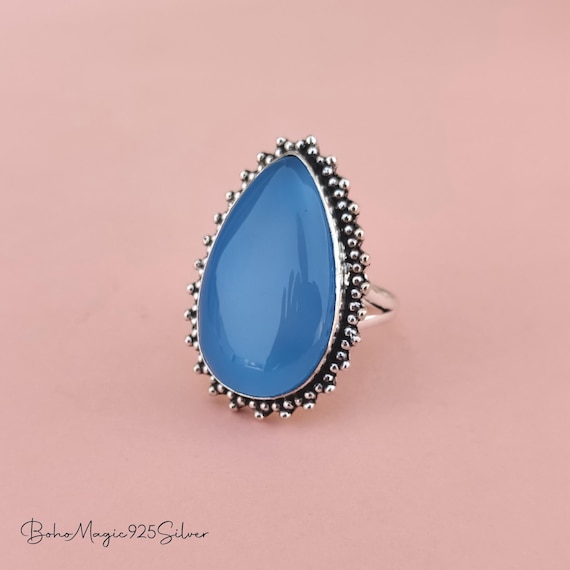 Blue Chalcedony Ring: Handmade 925 Sterling Silver Tear Drop Design