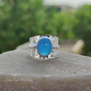 Handmade Blue Chalcedony Ring: Hammered 925 Sterling Silver Band
