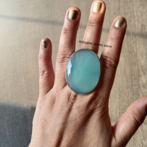 Handmade Large Oval Blue Chalcedony Ring: 925 Sterling Silver Statement Ring