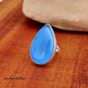 Handmade Pear Blue Chalcedony Ring: 925 Sterling Silver Boho Ring
