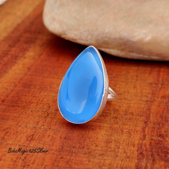 Handmade Pear Blue Chalcedony Ring: 925 Sterling Silver Boho Ring