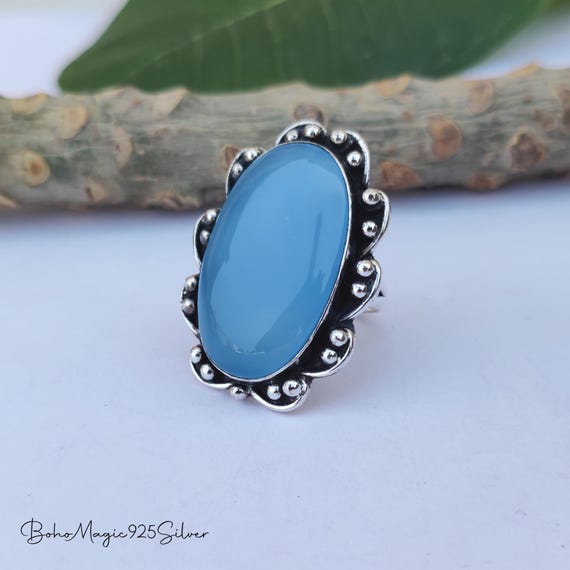 Handmade Blue Chalcedony Sterling Silver Ring: Boho Gemstone Promise Ring