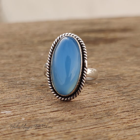 Blue Chalcedony Ring: Handmade Sterling Silver Boho Band
