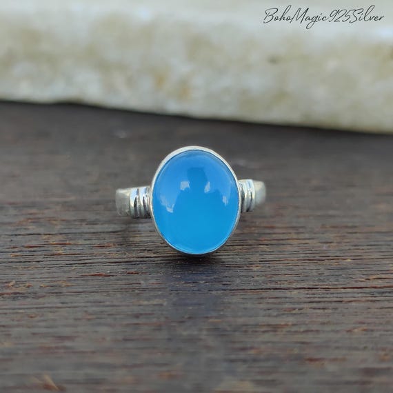Handmade Blue Chalcedony Sterling Silver Wide Band Ring