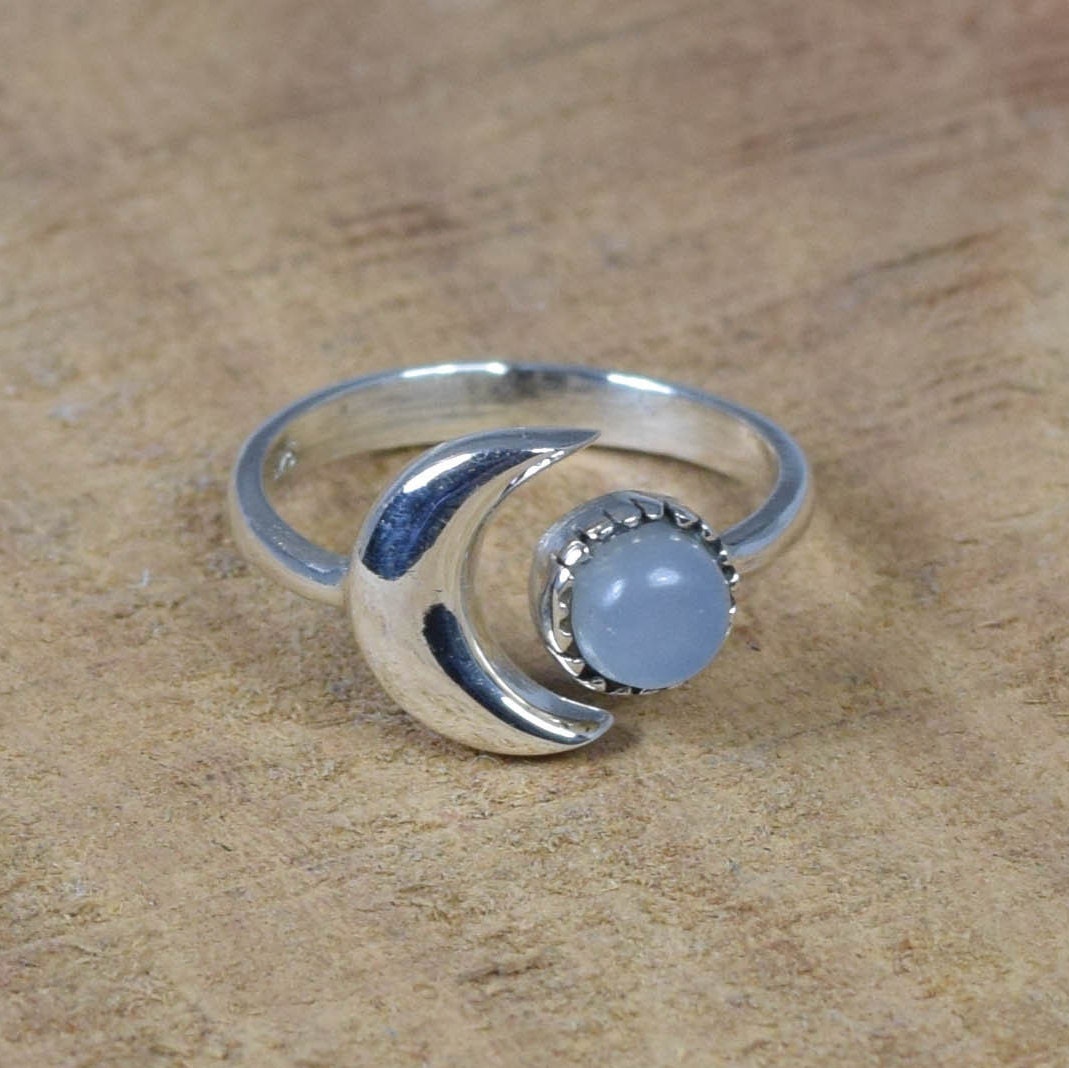 Blue Chalcedony Moon Ring: Handmade 925 Sterling Silver, March Birthstone