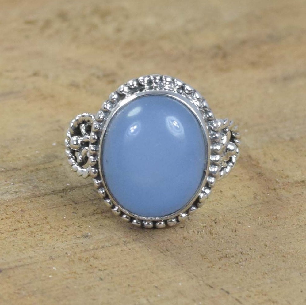 Blue Chalcedony Ring: Oval Gemstone, 925 Sterling Silver, Handmade, Us Size 5
