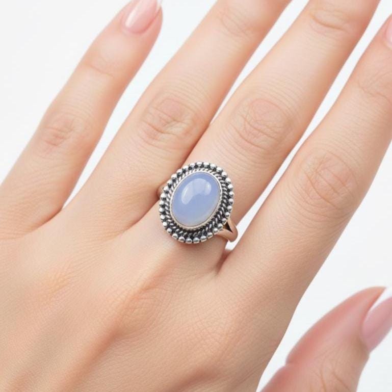 Blue Chalcedony Ring: Oval Gemstone, 925 Sterling Silver, Handmade