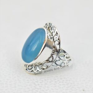 Oval Blue Chalcedony Ring, 925 Sterling Silver Designer Ring