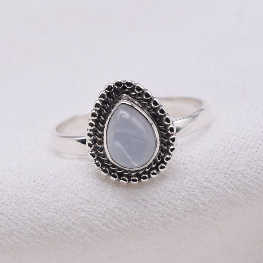 Blue Chalcedony Pear Ring: Handmade 925 Sterling Silver
