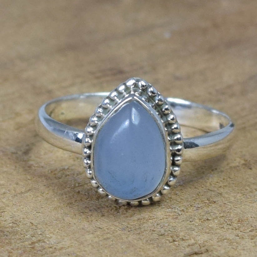Blue Chalcedony Pear Ring: Handmade 925 Sterling Silver Gemstone
