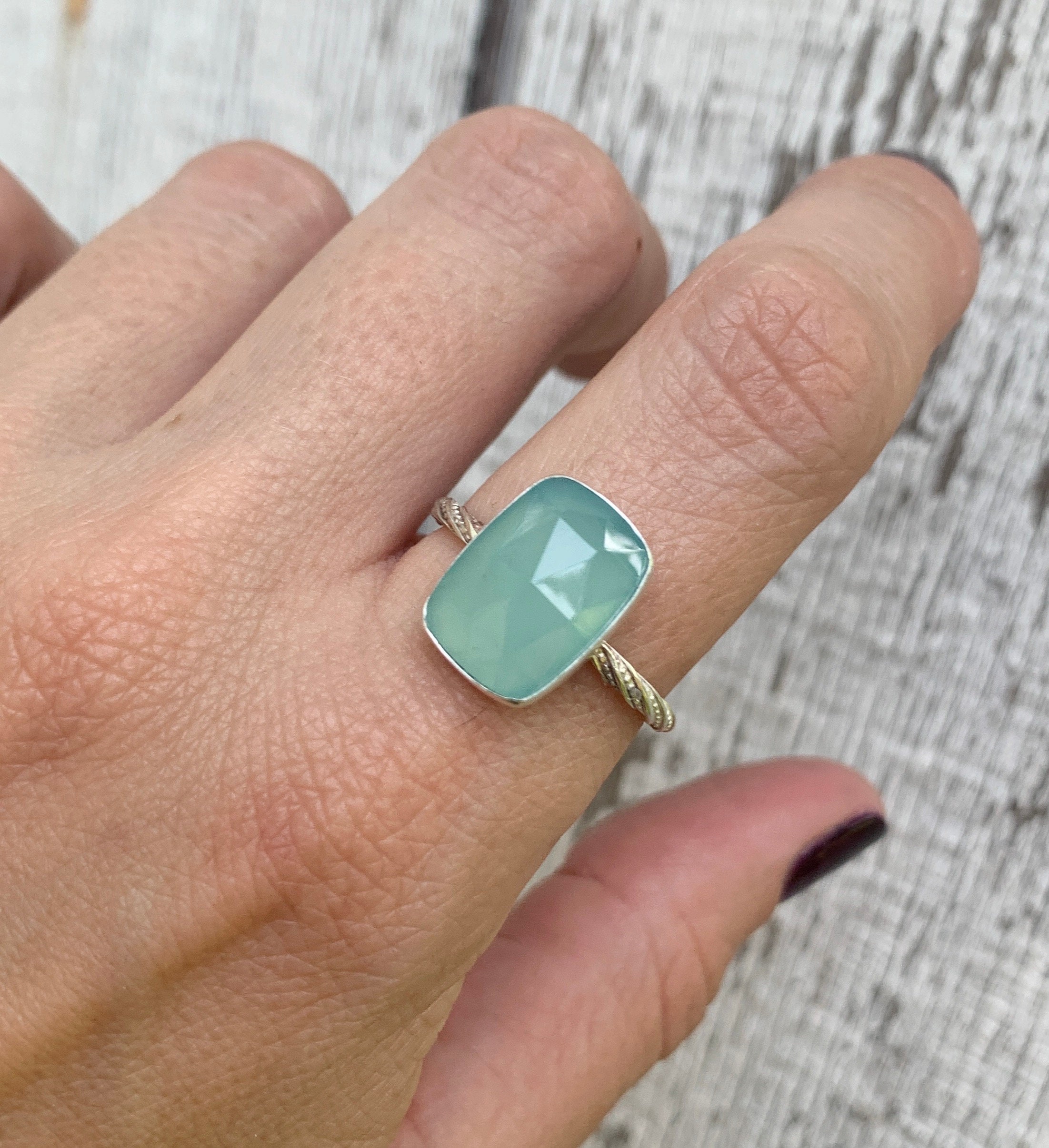 Rectangle Faceted Cushion Cut Aqua Blue Chalcedony Boho Ring Sterling Silver Statement Ring W Twisted Band | Blue Stone Ring | Boho | Edgy