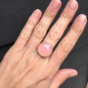 Romantic Blush Pink Or Aqua Blue Chalcedony Sterling Silver Ring With Scallop Setting , Large Round Blue Or Pink Stone Ring , Flower Ring
