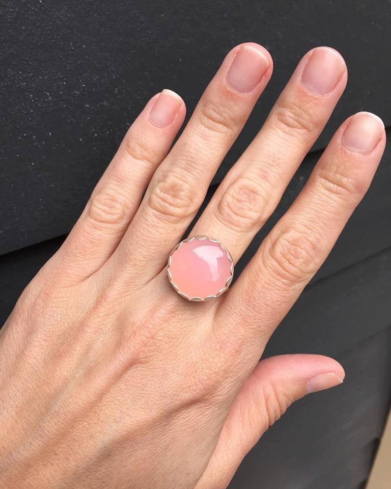 Romantic Blush Pink Or Aqua Blue Chalcedony Sterling Silver Ring With Scallop Setting , Large Round Blue Or Pink Stone Ring , Flower Ring