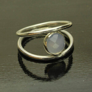 Blue Chalcedony Ring, Rose Cut Faceted Blue Gemstone, Sterling Silver Double Band, Size 7