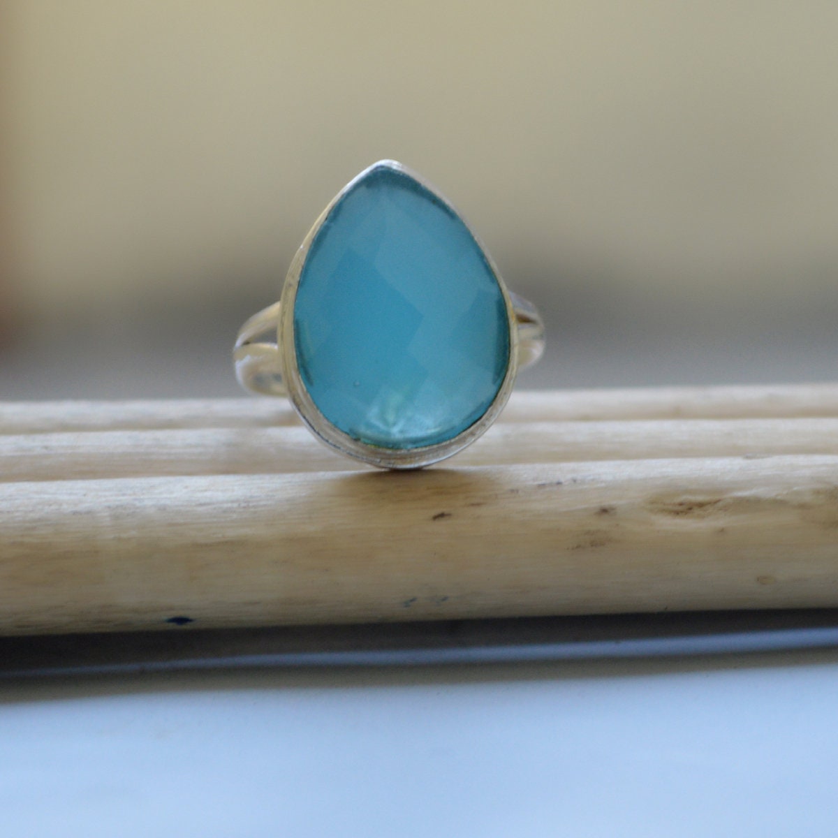 Rose Cut Blue Chalcedony Ring: Sterling Silver Artisan Statement Ring