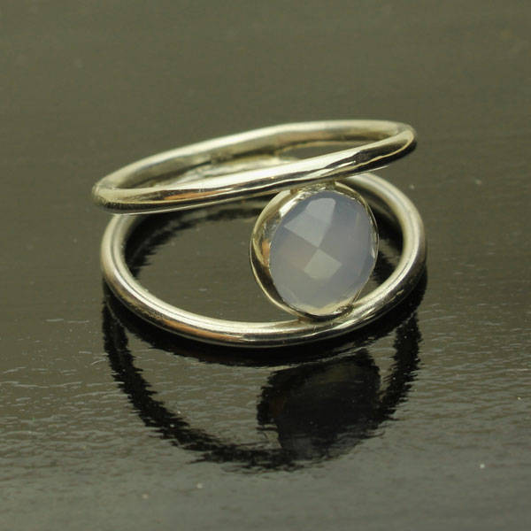 Blue Chalcedony Ring, Rose Cut Faceted Blue Gemstone, Sterling Silver Double Band, Size 7