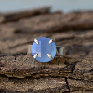 Blue Chalcedony Ring: Round Gemstone, Sterling Silver, Prong Set